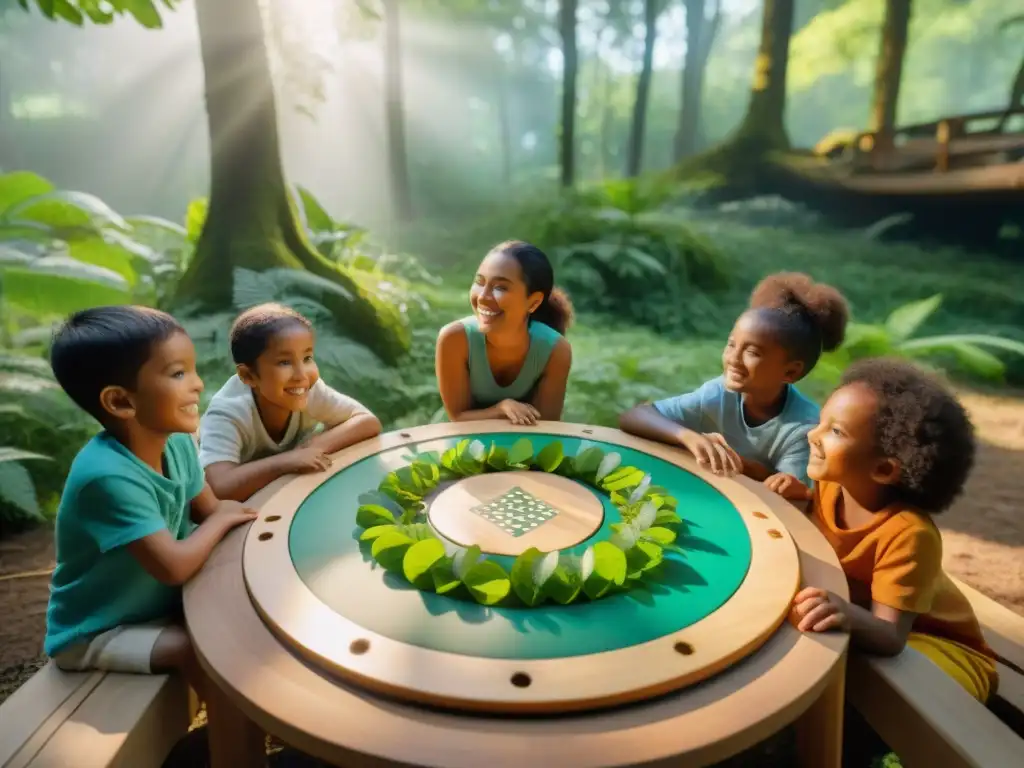 Un grupo de niños de diferentes edades y etnias juegan con juegos sostenibles sin impacto ambiental en un bosque verde y exuberante