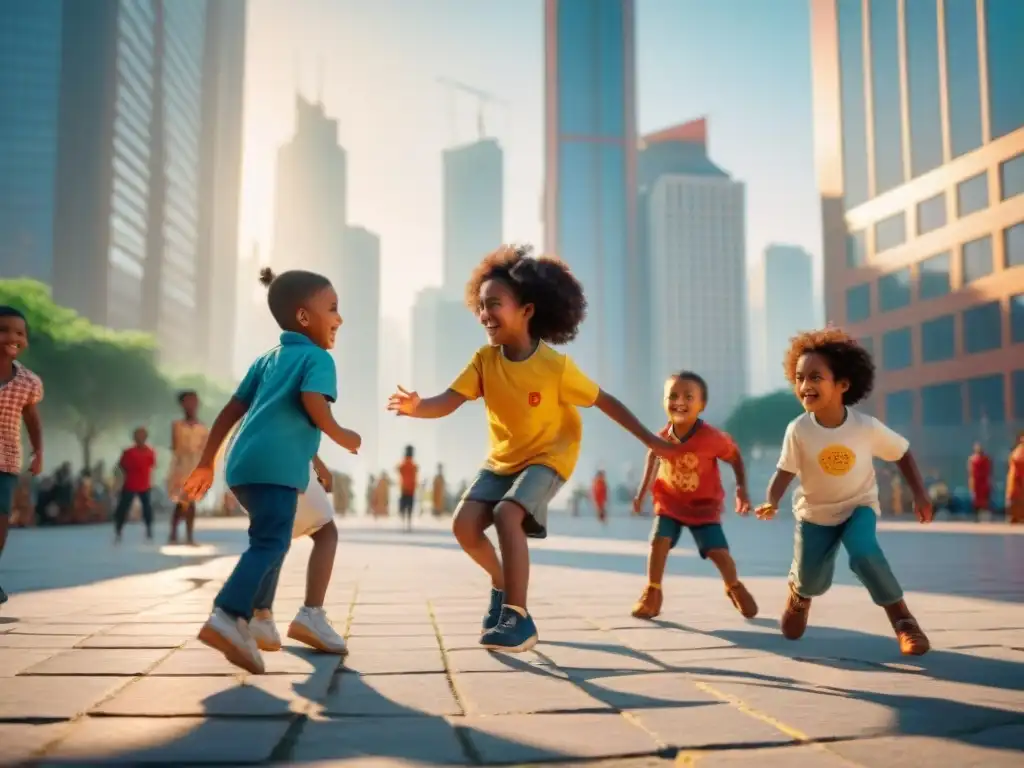 Un grupo de niños de diversas edades disfrutan de juegos tradicionales en la actualidad en una animada plaza de la ciudad