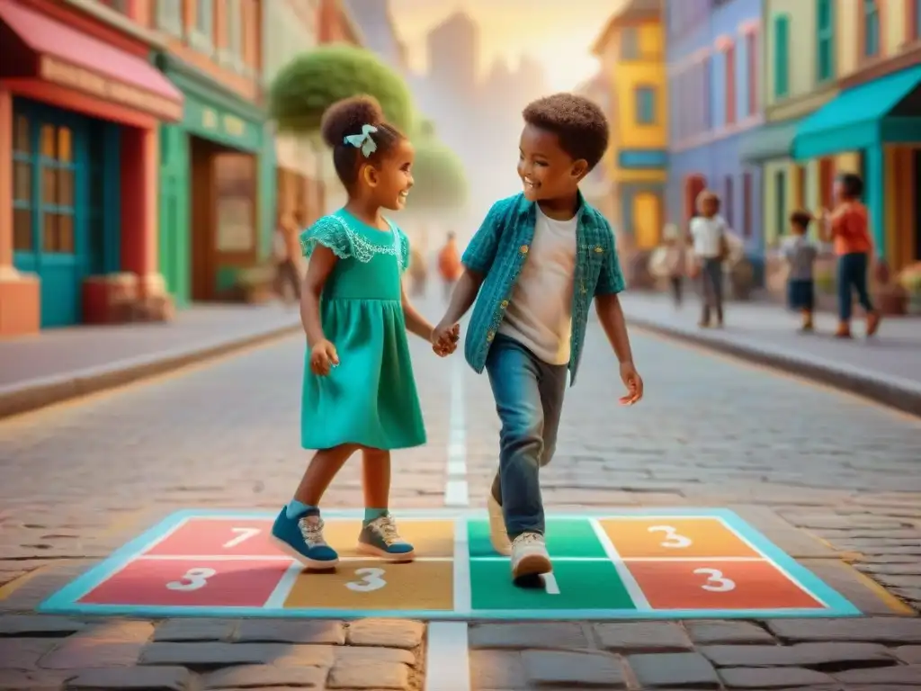 Juego de rayuela: diversión y aprendizaje en la ciudad Grupo de niños de diversas edades y orígenes jugando a la rayuela en la ciudad