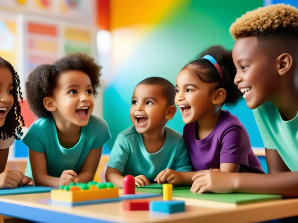 Un grupo de niños diversos participa con emoción en juegos educativos que estimulan la imaginación en un aula colorida y vibrante