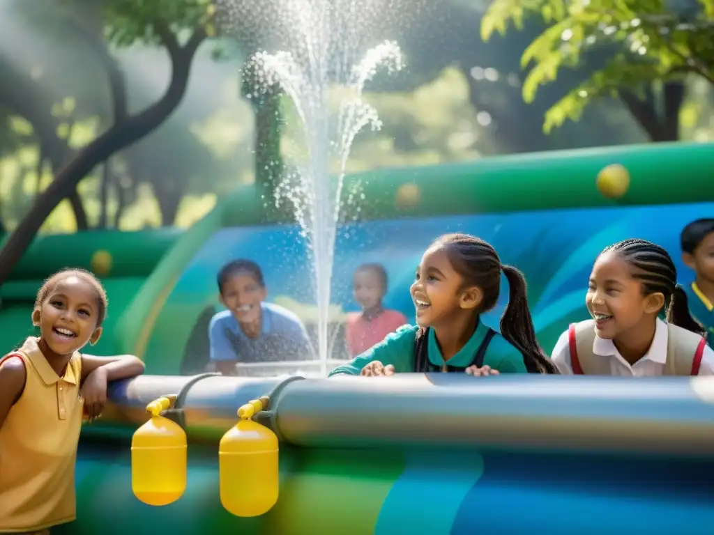 Un grupo de niños juega emocionado en juegos de agua educativos en un parque temático de conservación del agua