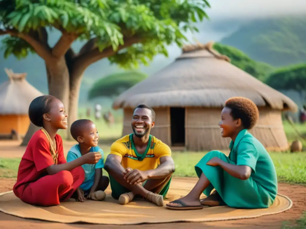 Un grupo de niños de Angola juega Engolo bajo un árbol, rodeados de la comunidad y sus vibrantes atuendos tradicionales