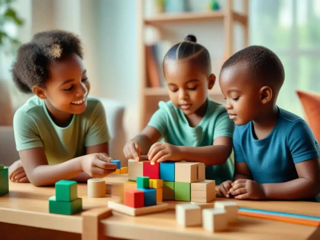 Un grupo de niños juega con entusiasmo y creatividad en un ambiente acogedor, rodeados de juguetes educativos y atemporales