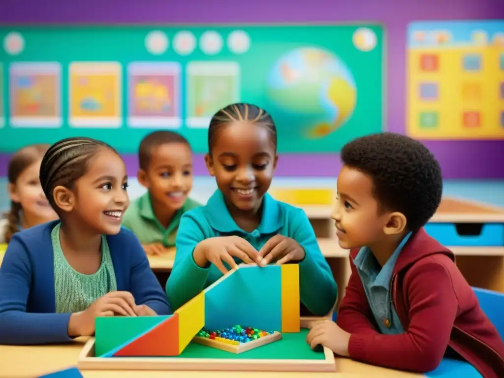 Un grupo de niños diversos participa con entusiasmo en juegos educativos para habilidades siglo XXI en un aula colorida y estimulante