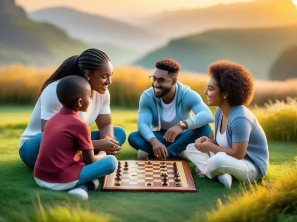 Un grupo de niños diversos juega en equipo un juego educativo que enseña empatía en un campo al atardecer