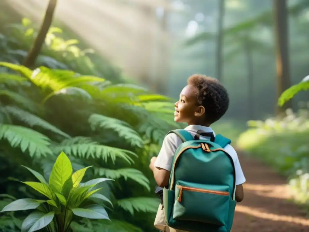 Un grupo de niños escolares explorando un bosque verde con mochilas de colores en juegos educativos al aire libre