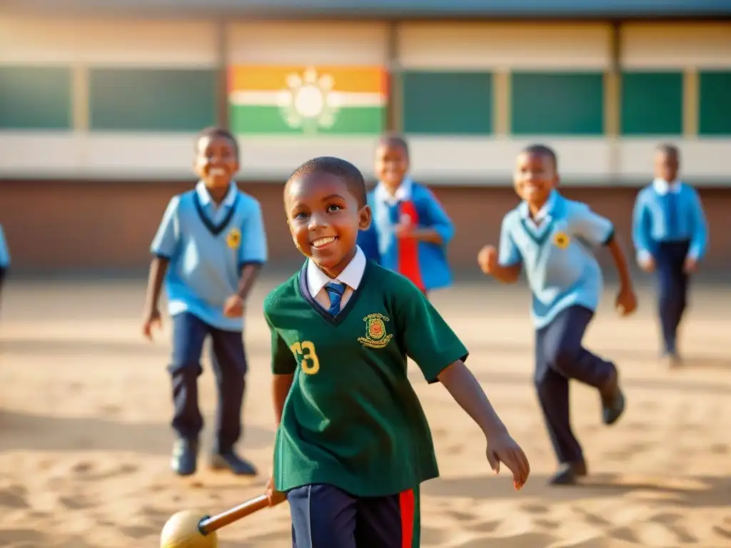 Grupo de niños escolares de diversas etnias disfrutando de juegos y deportes africanos escolares en un soleado patio de escuela multicultural