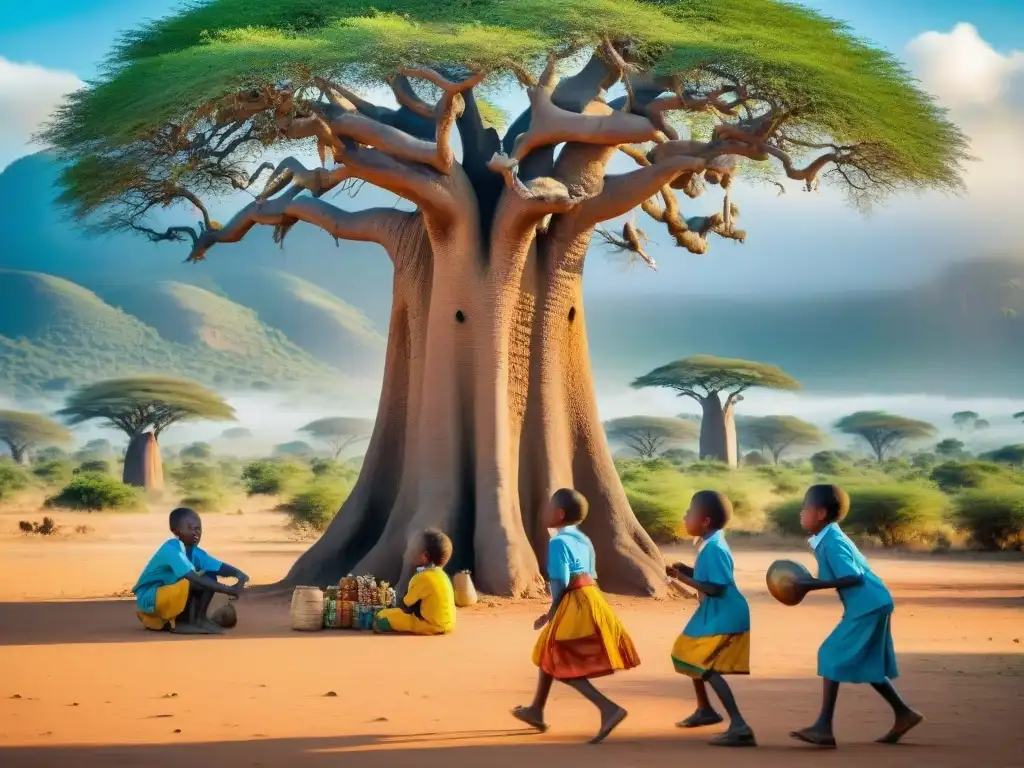 Grupo de niños escolares jugando un juego tradicional africano bajo un baobab