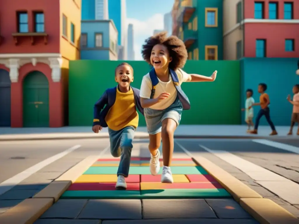 Grupo de niños de diversas etnias jugando rayuela en la calle, entre edificios históricos y rascacielos