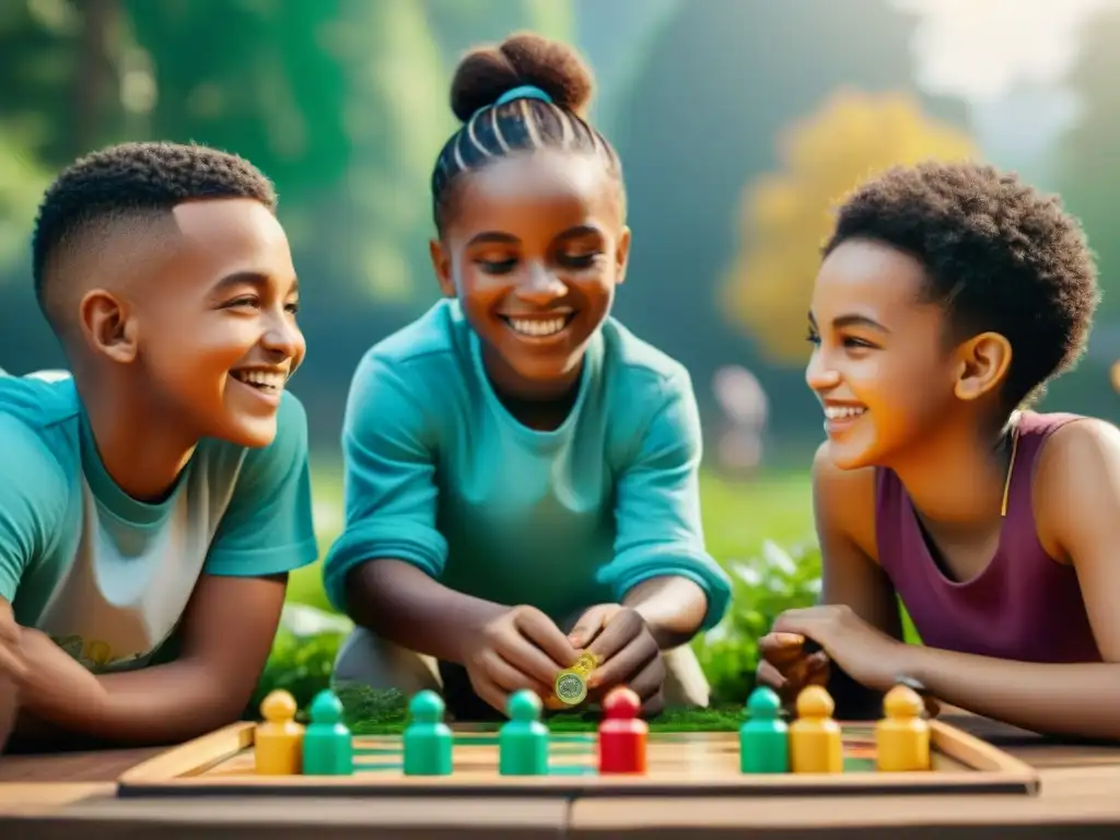 Grupo de niños de diversas etnias jugando en un parque con juegos modernos de materiales reciclados, resaltando la diversión y la sostenibilidad