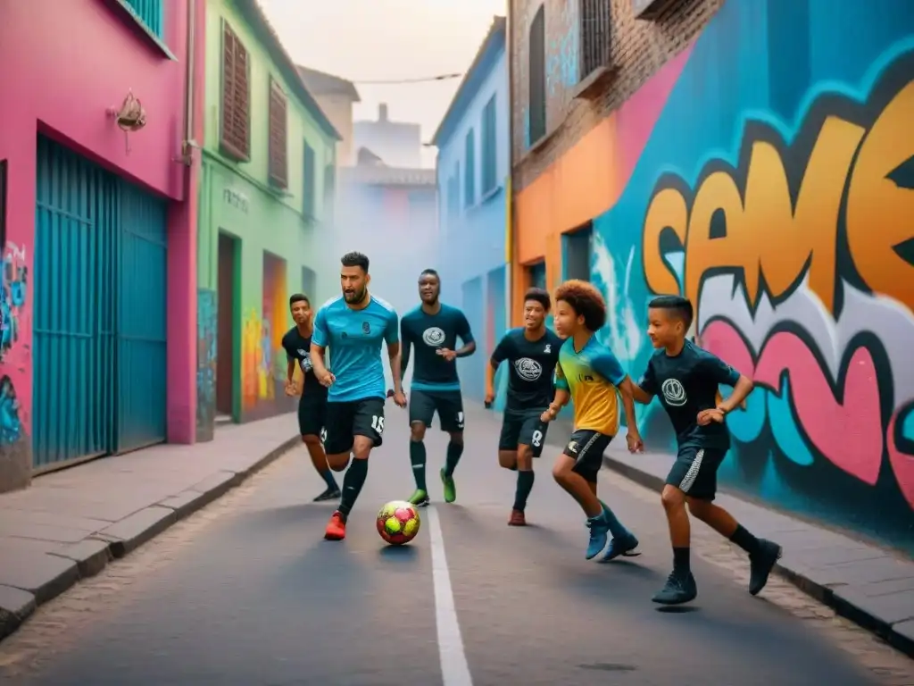 Grupo de niños diversos juegan alegremente fútbol callejero en un callejón colorido lleno de grafitis