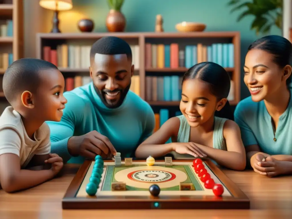 Un grupo de niños diversos disfruta aprendiendo sobre historia de juegos tradicionales de diferentes culturas en una sala acogedora