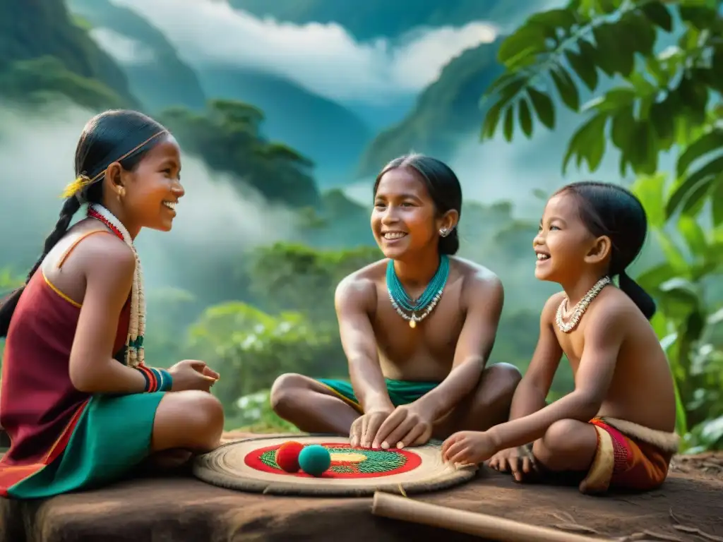 Grupo de niños indígenas juegan con alegría un juego tradicional en la selva vibrante