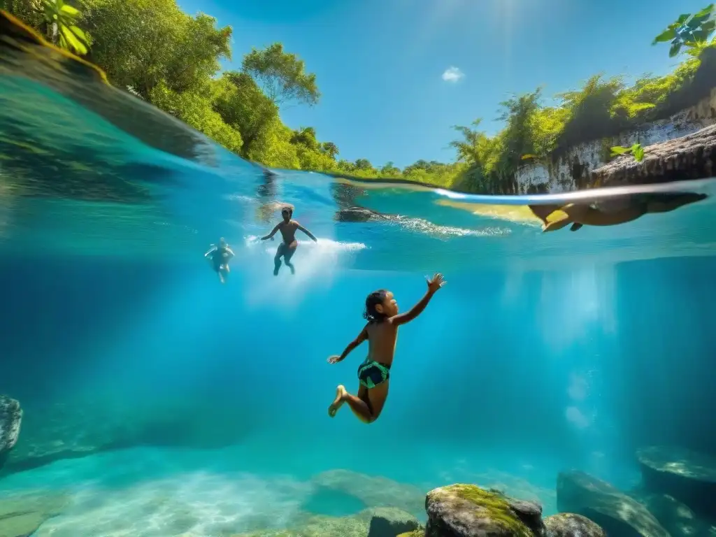 Un grupo de niños indígenas disfruta nadando en un cenote en México, bajo un cielo azul brillante y rodeados de exuberante vegetación