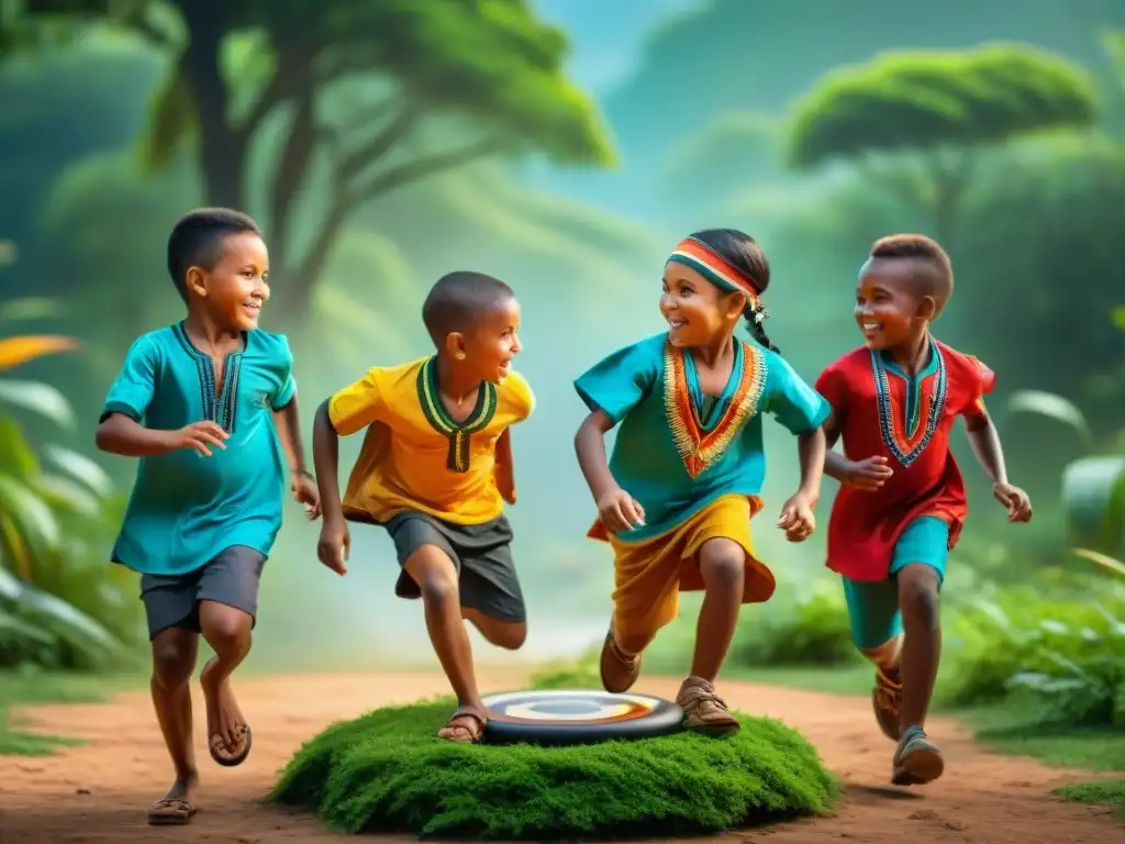 Un grupo de niños indígenas juega dinámicamente en un entorno verde con influencia africana en América