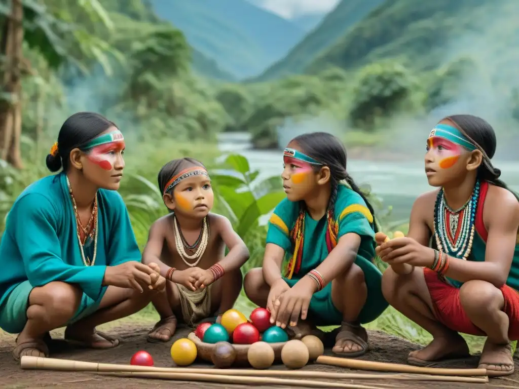 Grupo de niños indígenas jugando y mostrando habilidades vitales en la selva