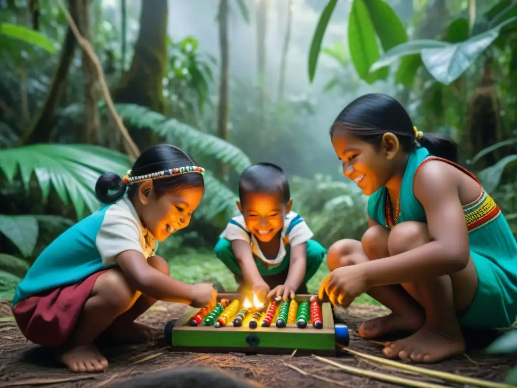 Un grupo de niños indígenas juega un juego tradicional en la selva, mostrando habilidades vitales y alegría