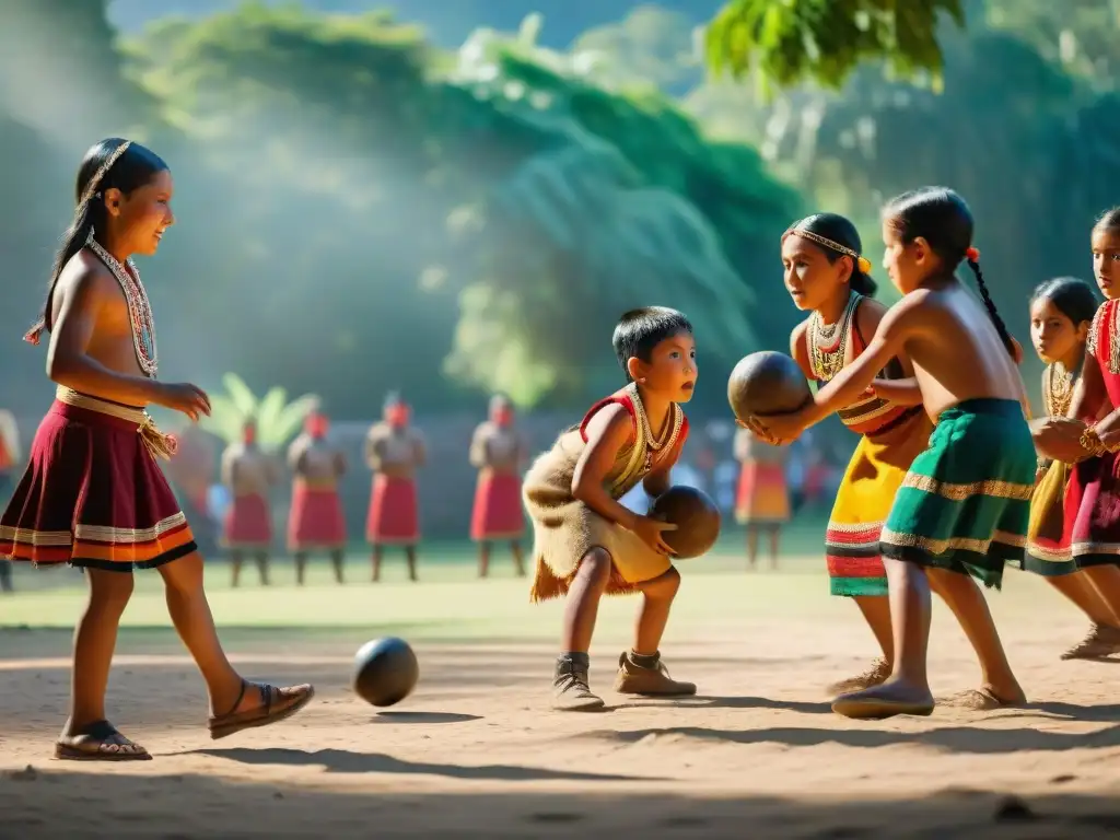 Grupo de niños indígenas en juego de Tlachtli, rodeados de naturaleza y espectadores