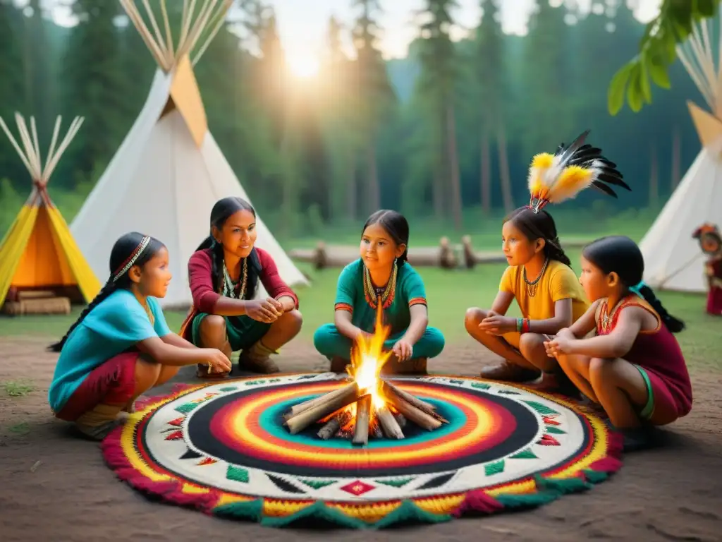 Un grupo de niños indígenas juega juegos tradicionales en un escenario vibrante al aire libre