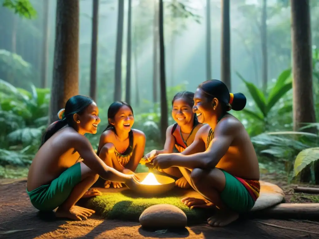 Grupo de niños indígenas disfrutando de juegos tradicionales en el bosque