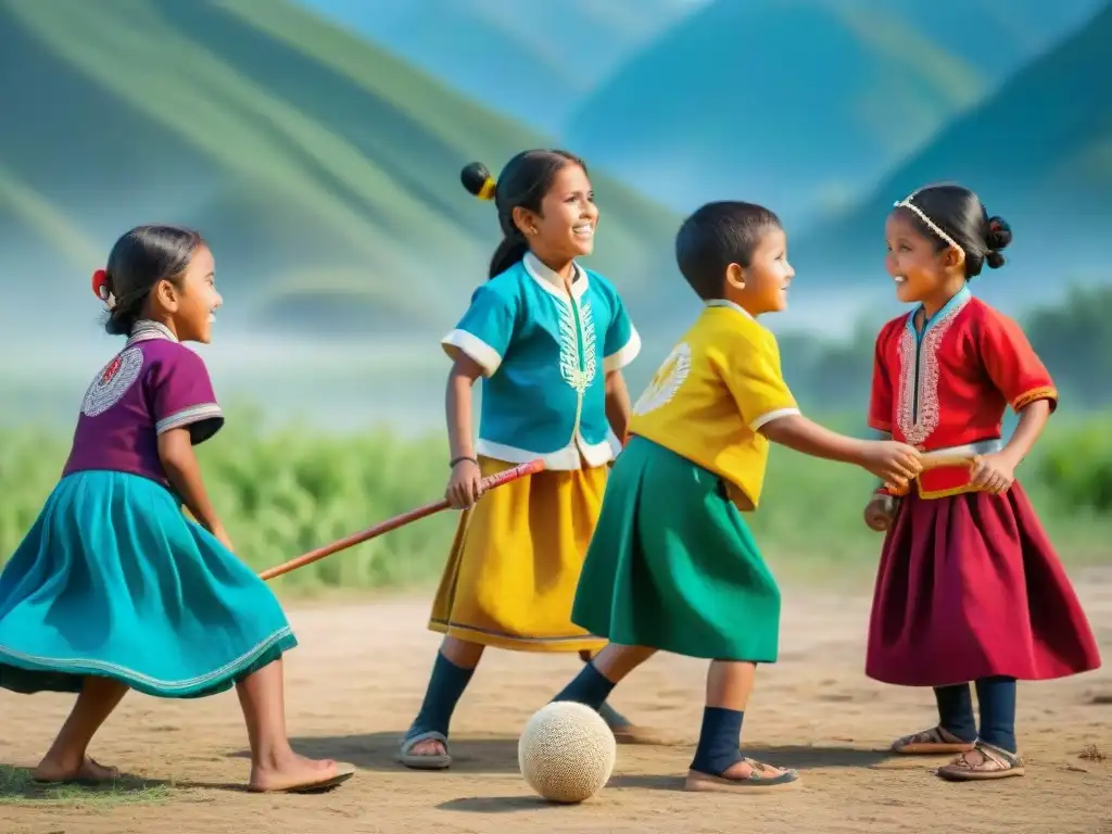 Grupo de niños indígenas juegan 'pelota purépecha' en campo rodeado de montañas verdes, bajo cielo azul