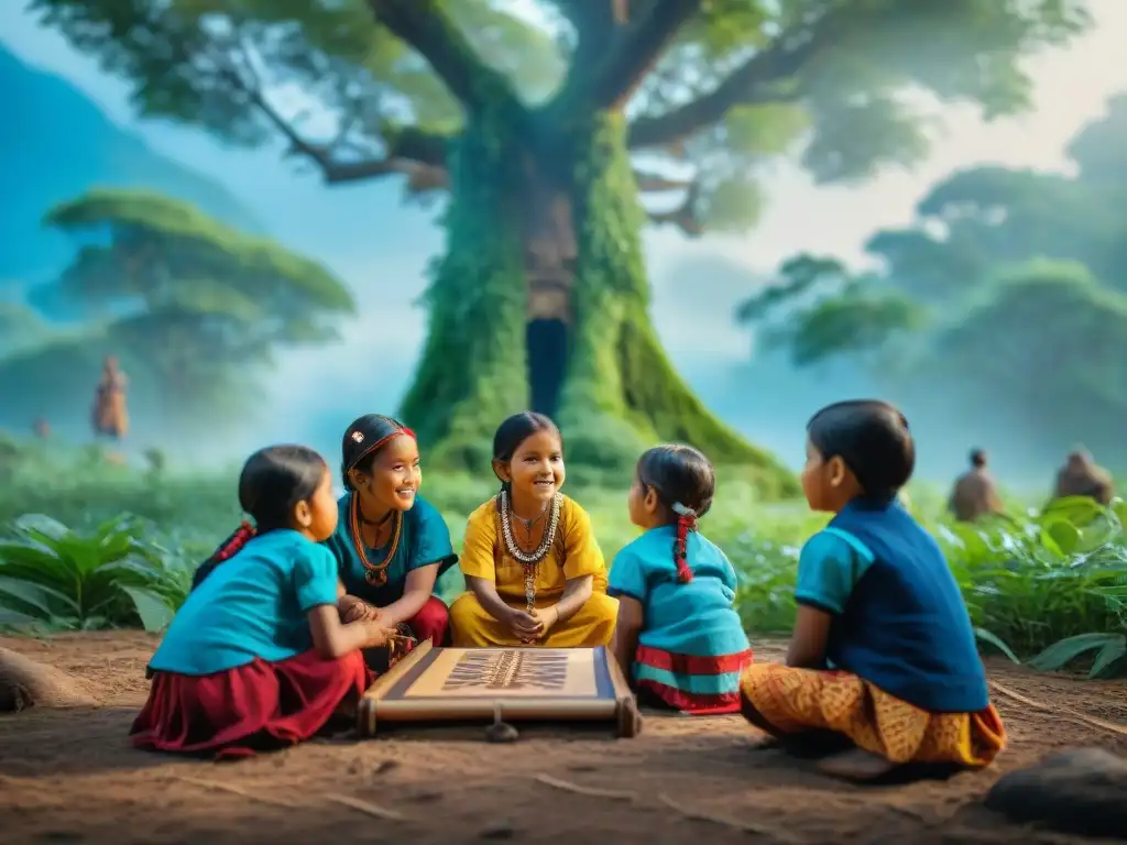 Grupo de niños indígenas jugando en la selva con orgullo y alegría, vistiendo trajes tradicionales