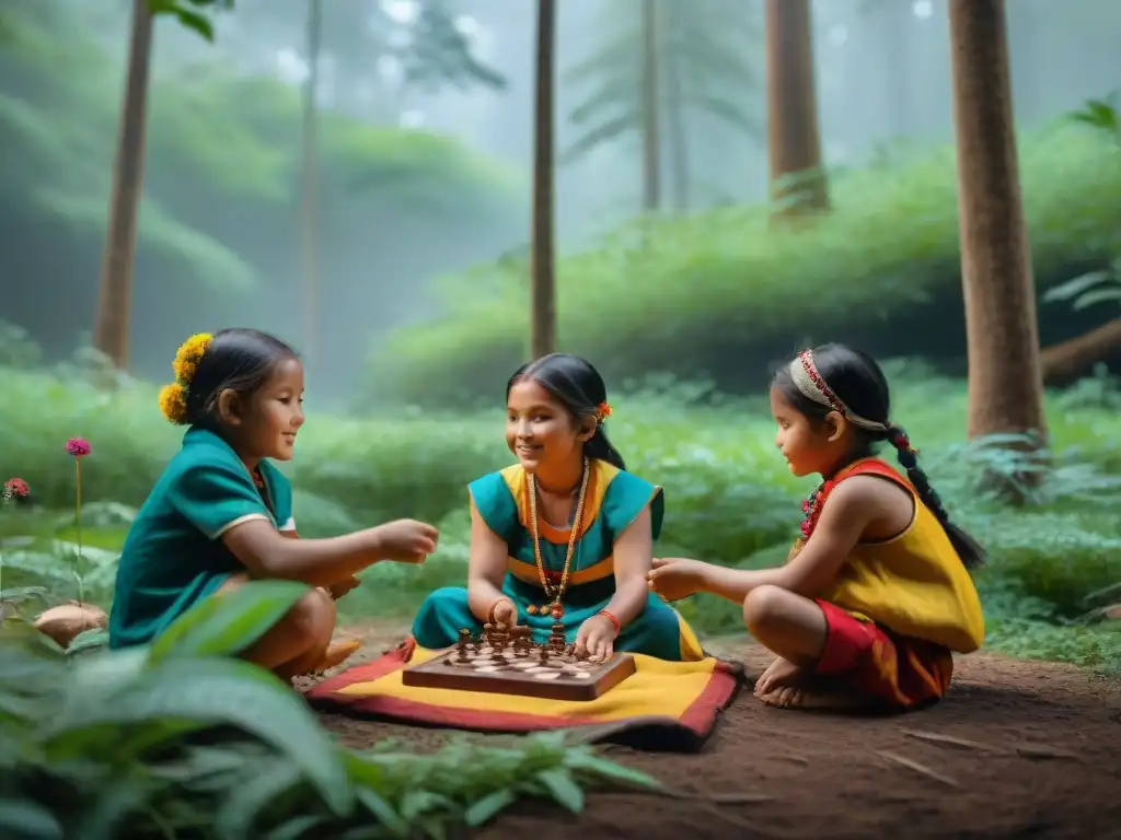 Grupo de niños indígenas disfrutando de tradiciones lúdicas en la naturaleza, mostrando respeto por su cultura y el entorno