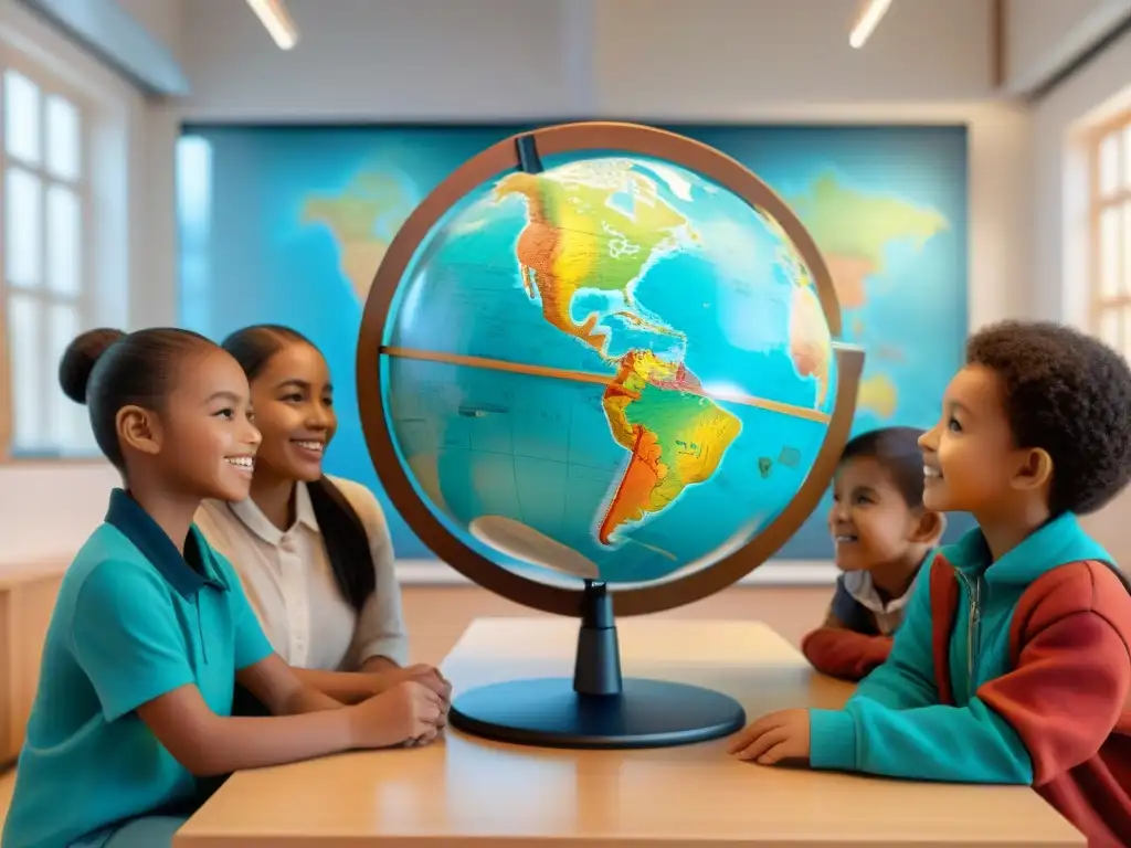 Un grupo de niños diversos interactúa con un globo de realidad aumentada en juegos culturales en un aula escolar