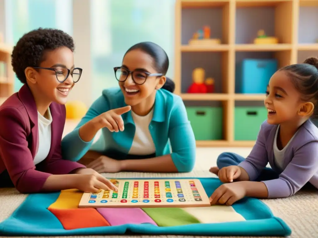 Un grupo de niños diversos disfrutando de un juego cooperativo en un aula soleada con juegos educativos para el desarrollo