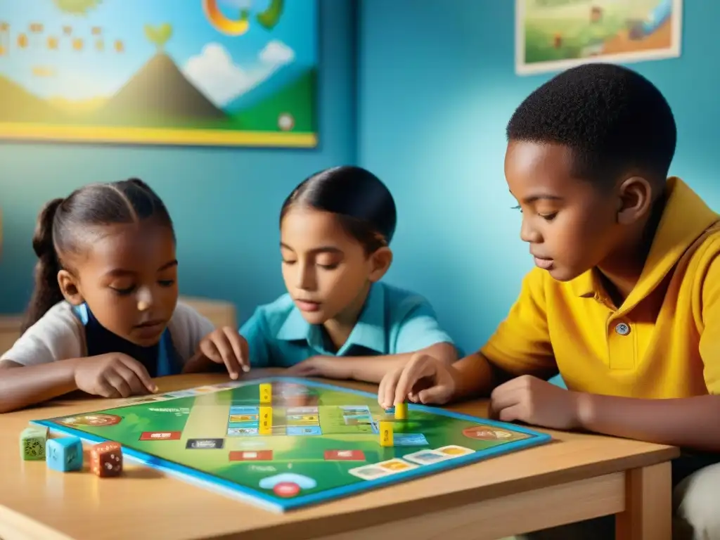 Grupo de niños juegan un juego educativo de conciencia ambiental con entusiasmo en aula colorida y soleada