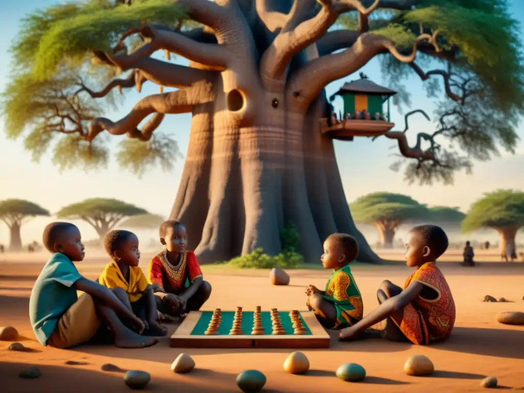 Un grupo de niños juega un juego de mesa africano educativo bajo un baobab majestuoso