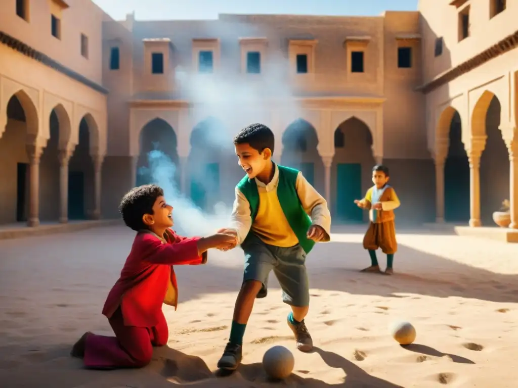 Un grupo de niños juega un juego tradicional en un patio polvoriento del Medio Oriente, con expresiones de alegría y concentración