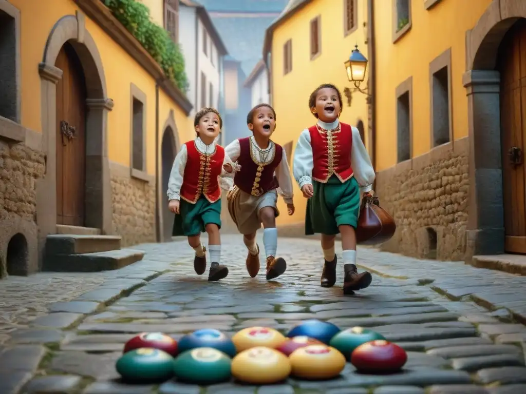 Un grupo de niños juega un juego tradicional europeo en un callejón empedrado rodeado de edificios históricos detallados