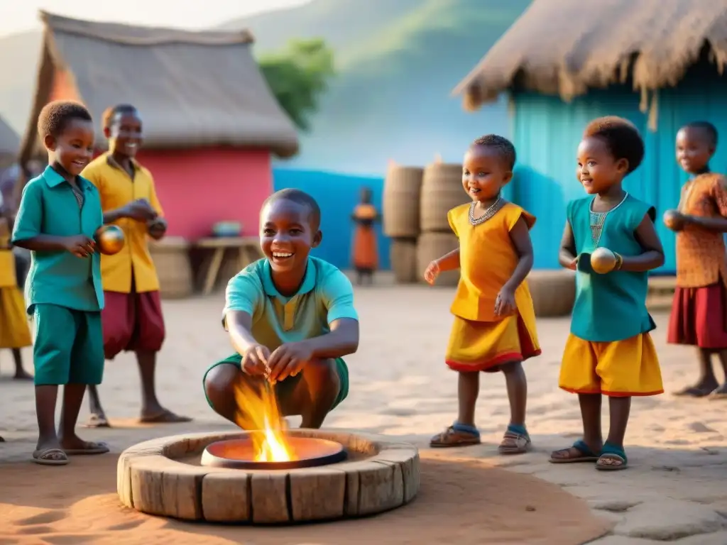 Grupo de niños juegan juegos africanos en una plaza colorida, mientras espectadores bailan al ritmo de tambores al atardecer