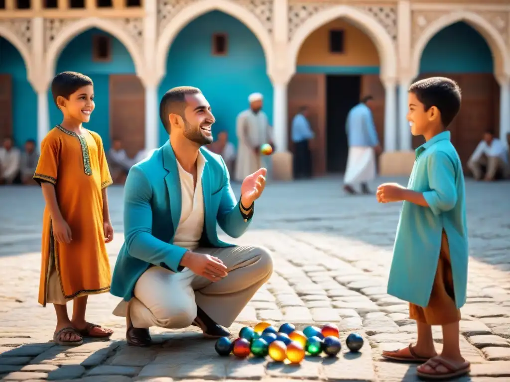 Grupo de niños jugando juegos callejeros en un bullicioso mercado del Medio Oriente, rodeados de colores vibrantes y arquitectura antigua al atardecer