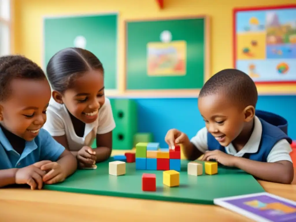 Grupo de niños disfrutando de juegos educativos para el desarrollo en aula colorida