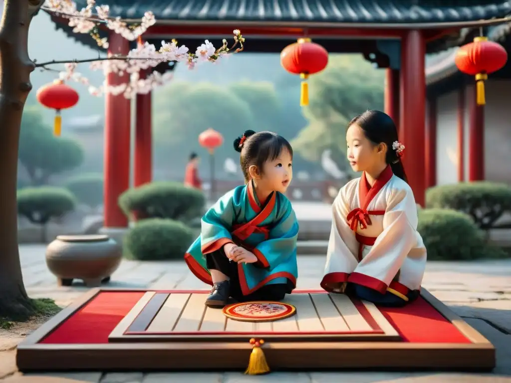 Grupo de niños juegan juegos educativos en culturas asiáticas rodeados de decoraciones chinas vibrantes y lanternas rojas