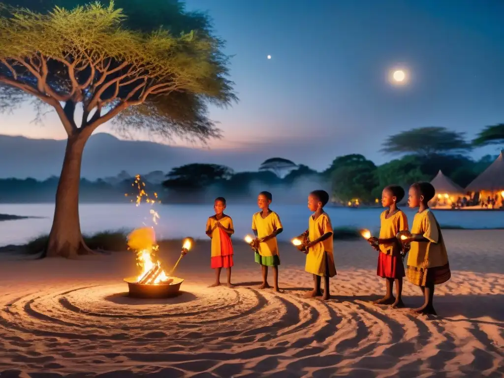 Juegos africanos nocturnos: alegría y comunidad bajo la luna Un grupo de niños juega a Juegos Nocturnos Tradicionales Culturas africanas bajo la luna y antorchas, creando una escena de alegría y comunidad