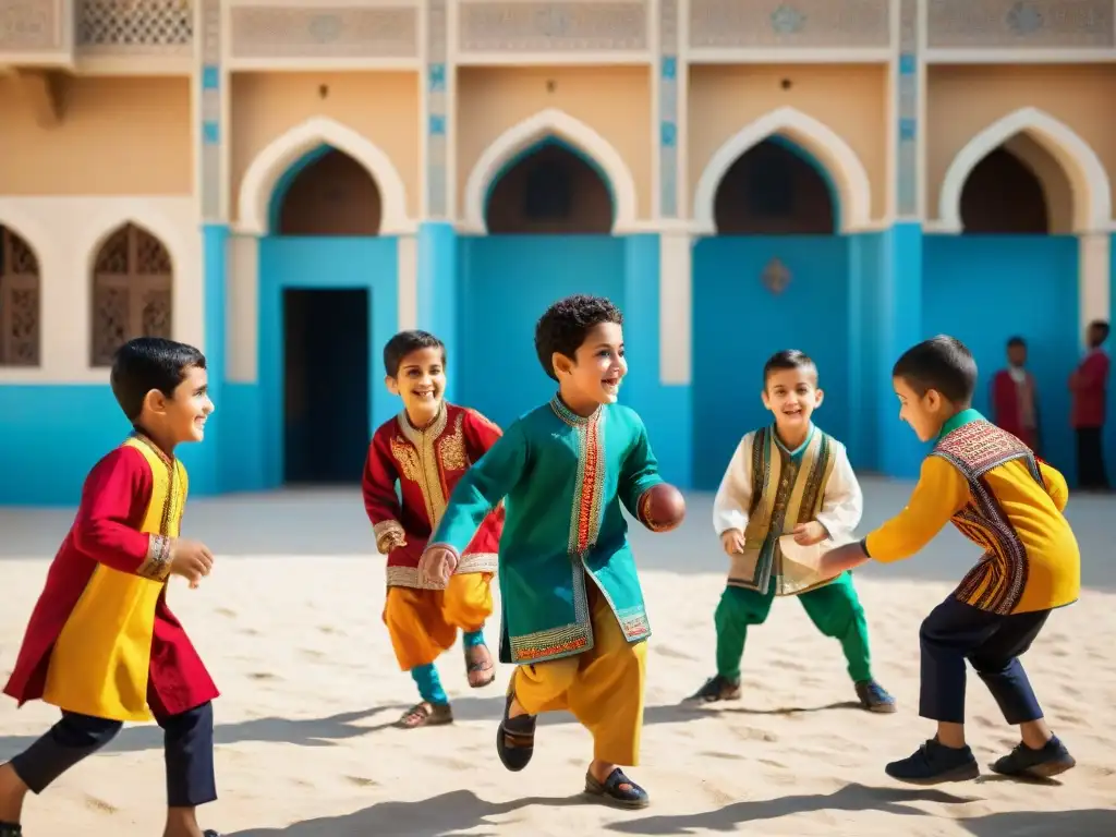 Grupo de niños juegan juegos tradicionales en escuela, fusionando cultura y educación en Oriente Medio