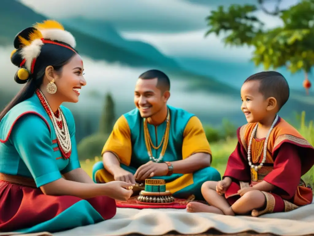 Grupo de niños diversos disfrutando de juegos tradicionales de culturas en un ambiente vibrante y colorido al aire libre