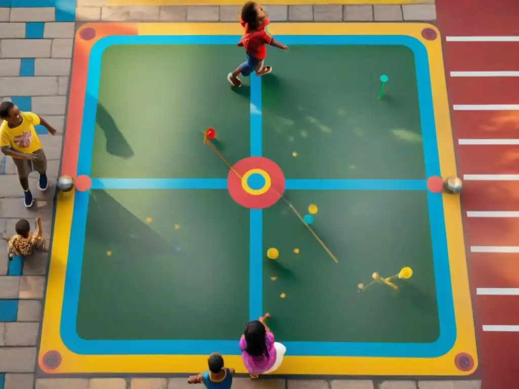 Grupo de niños disfrutando juegos tradicionales en un parque multicultural