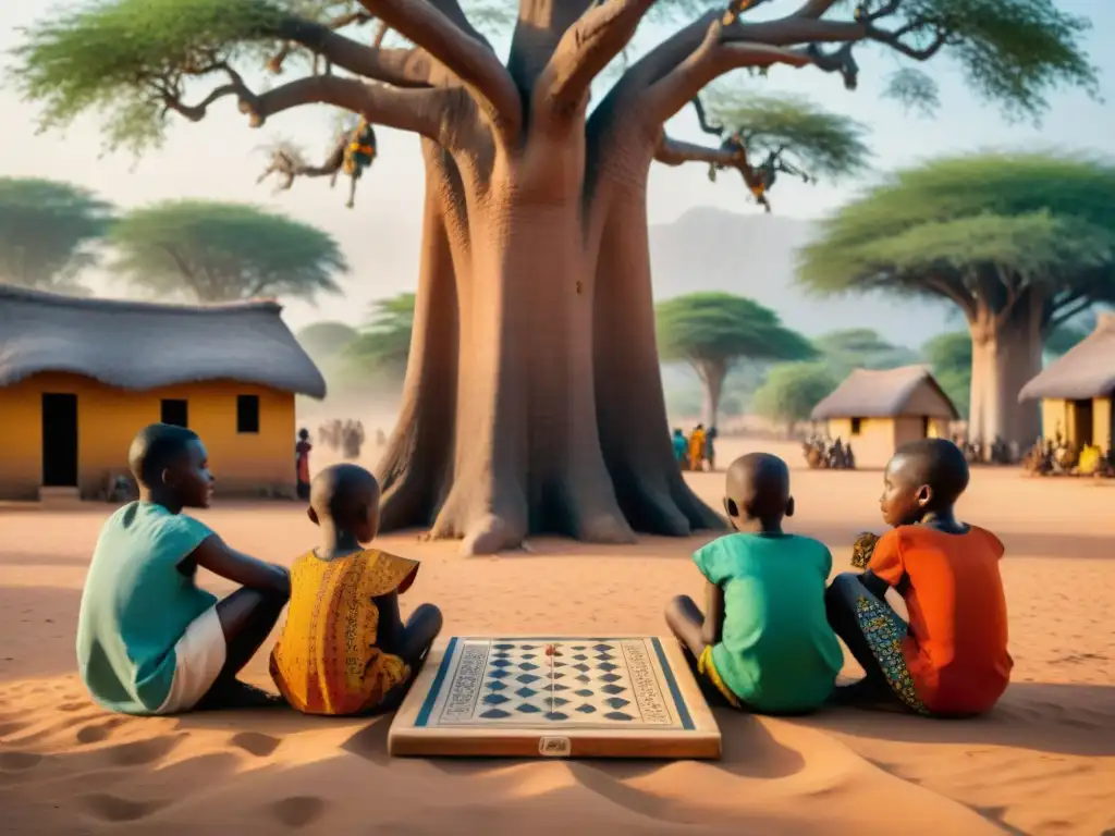 Un grupo de niños en África Occidental disfrutando de un juego tradicional de Ayoayo bajo un baobab centenario