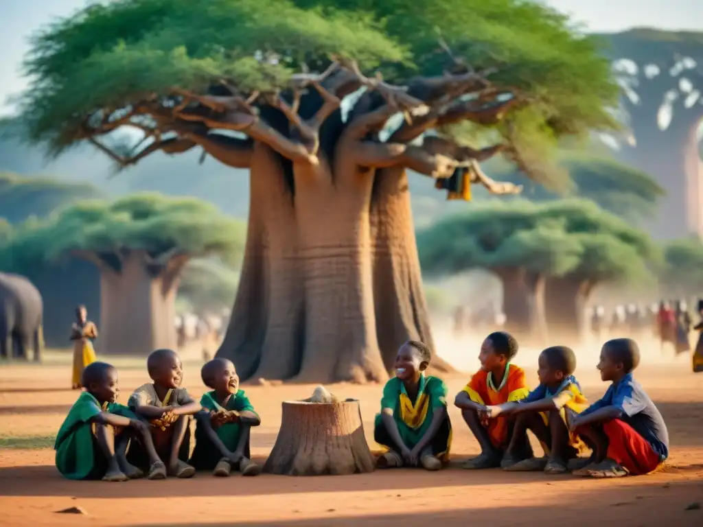 Un grupo de niños de diferentes países africanos juegan bajo un baobab