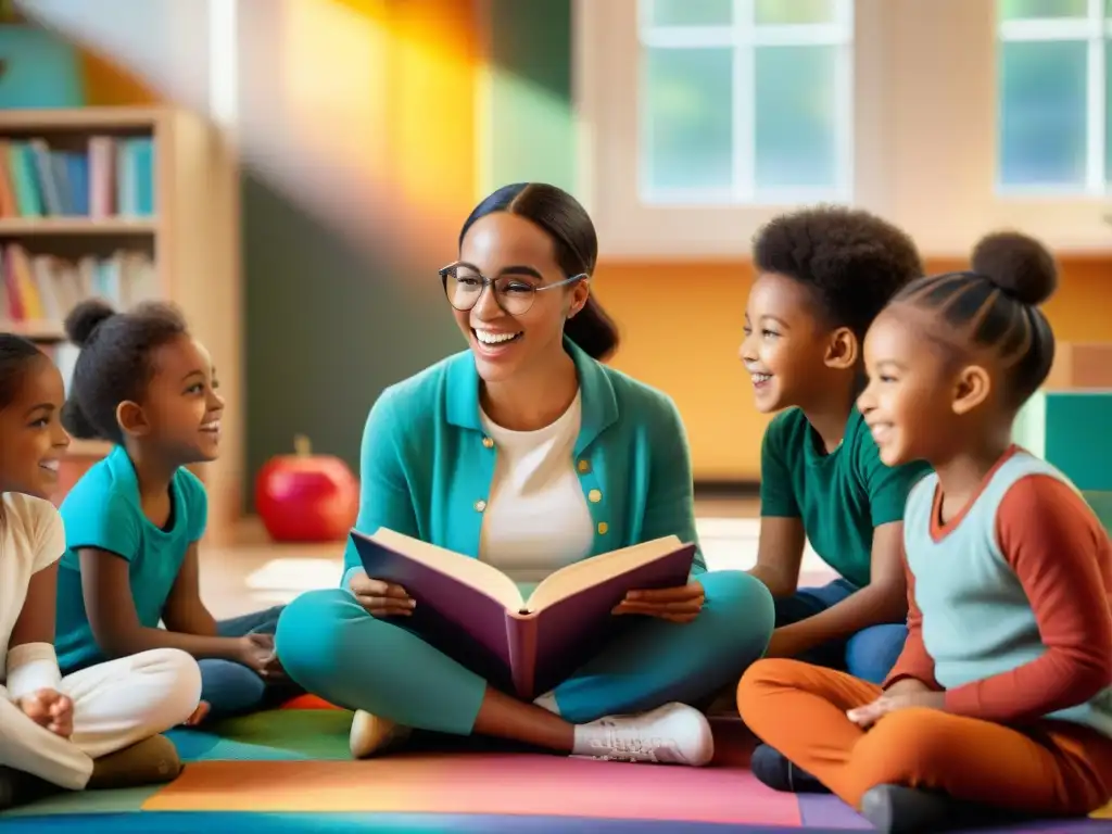 Grupo de niños de primaria escuchando emocionados a su maestra leer un cuento en un aula colorida