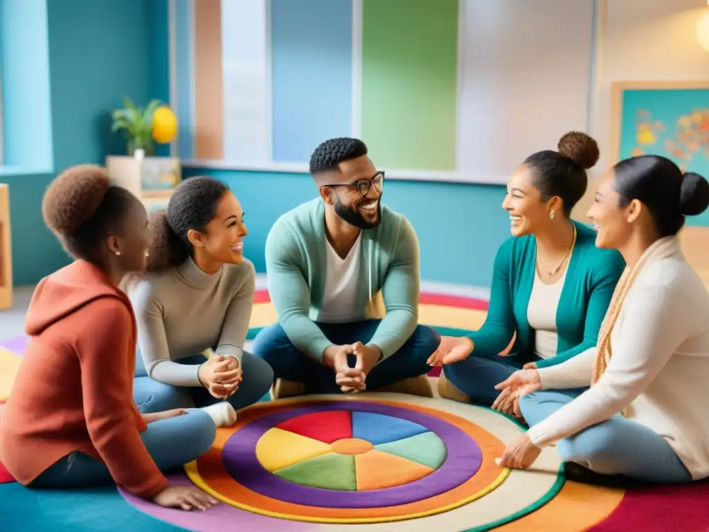 Grupo de niños de primaria diversos en sesión de mediación escolar con técnicas lúdicas, guiados por una maestra sonriente