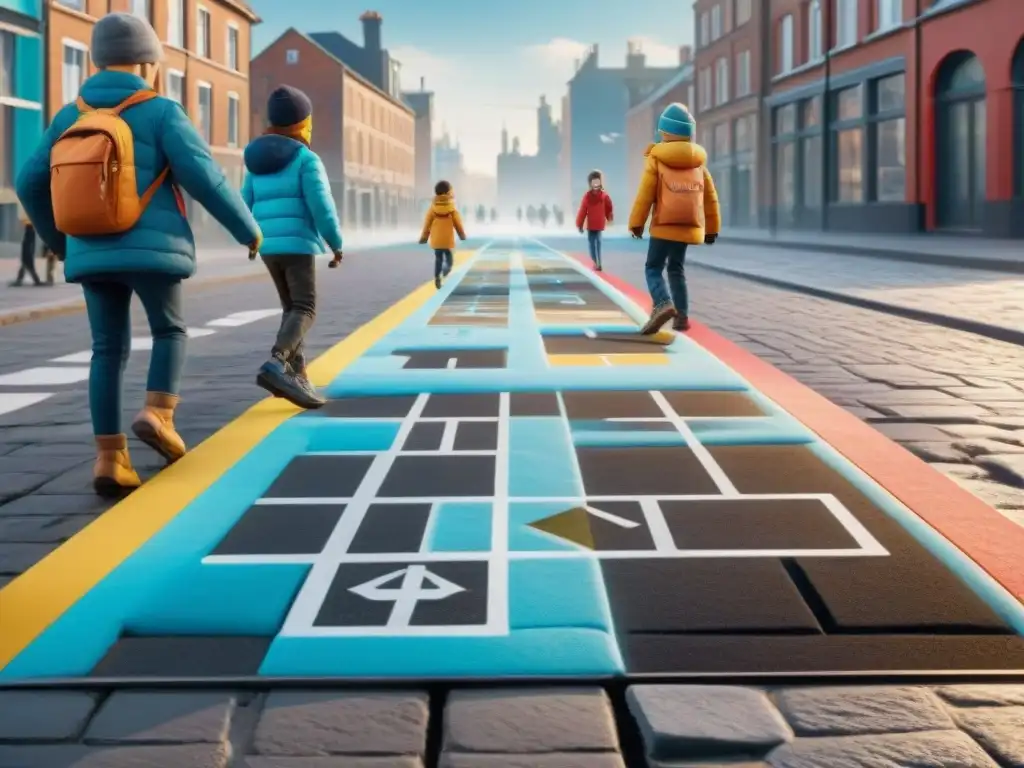 Un grupo de niños jugando a la rayuela en una calle vibrante de la ciudad, con un tablero formado por bloques de hielo derretidos