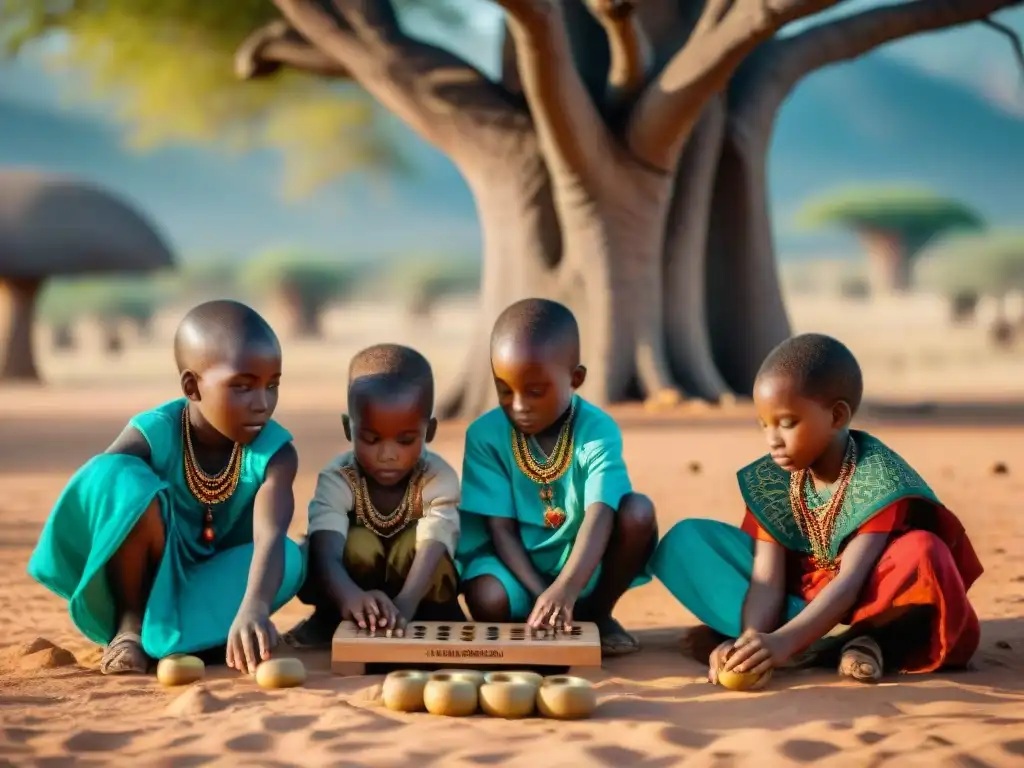 Grupo de niños en ropa tradicional africana jugando mancala bajo un baobab