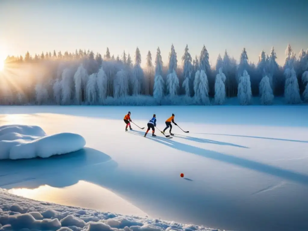 Grupo de niños rusos juegan bandy en lago helado al atardecer, reflejando la historia del hockey sobre hielo en Rusia