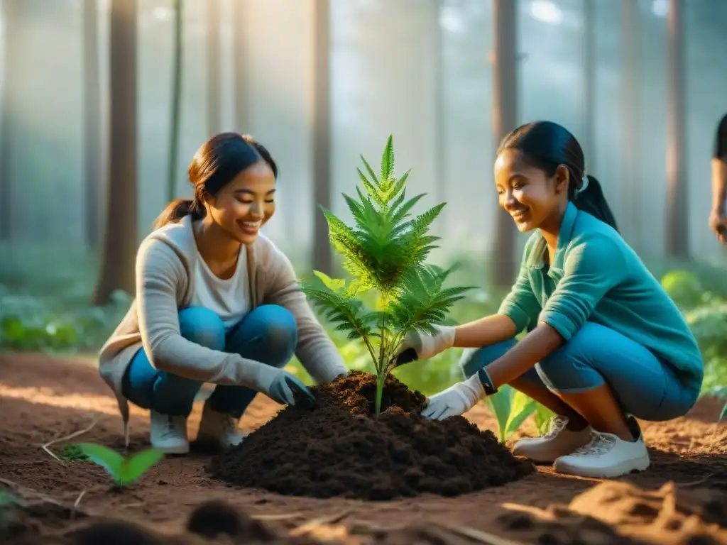 Un grupo de niños diversos sonrientes plantan árboles jóvenes en un bosque exuberante, rodeados de vida silvestre