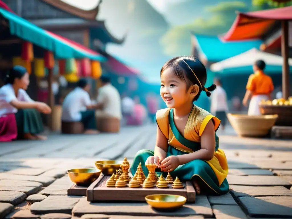 Grupo de niños tailandeses disfrutando de juegos tradicionales en un mercado bullicioso